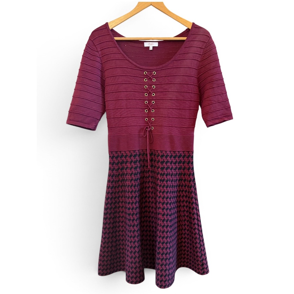Candies Maroon/Black Juniors XL Y2K Fit and Flare Lace Up 3/4 Sleeve Knit Dress